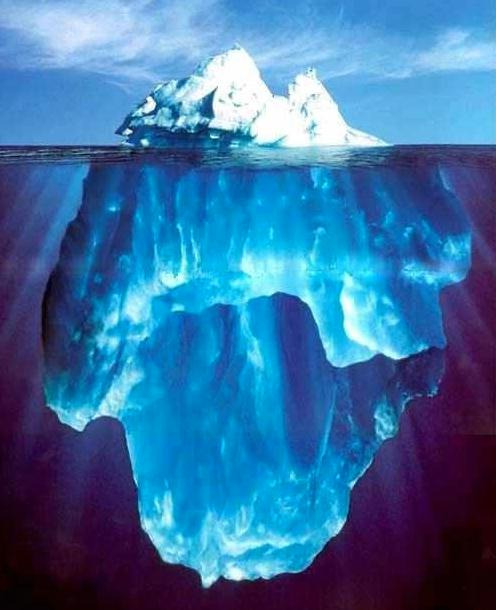 Photo of an iceberg floating with its depths revealed